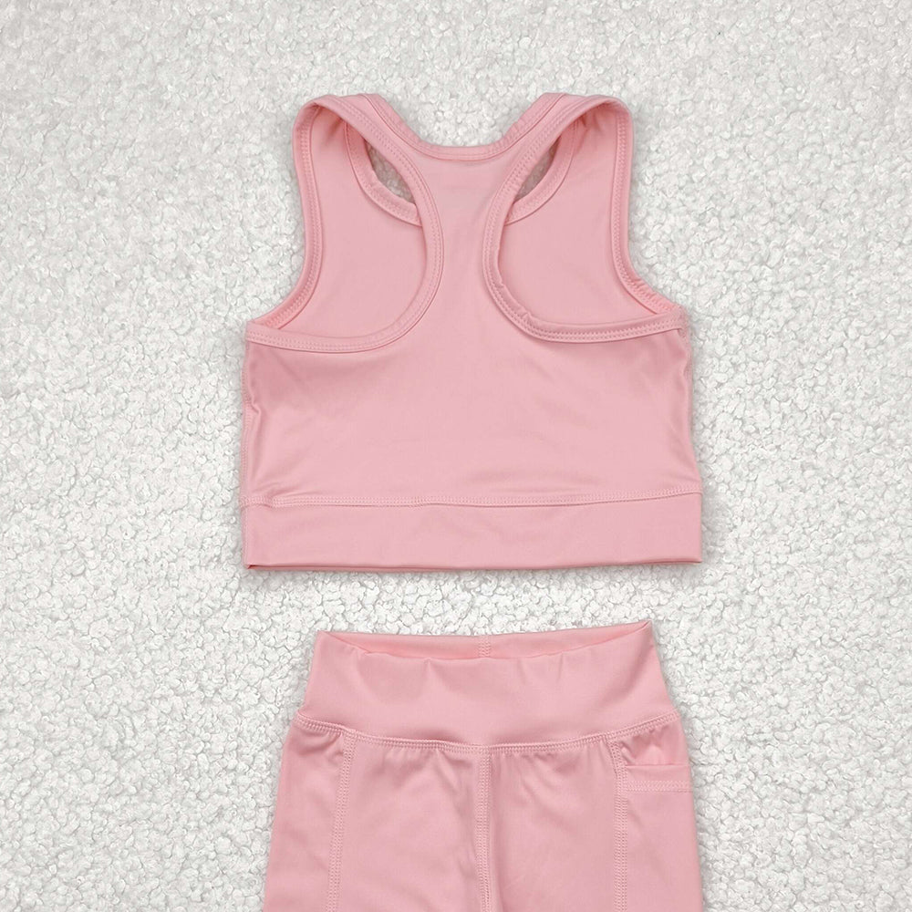 7.03 GSSO1518 RTS NO MOQ Baby Girls Yoga Outfits Baby Girls Pink Vest Top Sports Shorts Clothes Sets