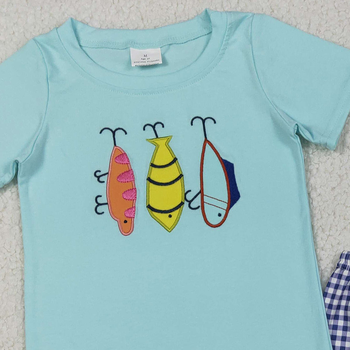 12.4 RTS NO MOQ （In stock）BSSO1628 Embroidery Fishing Baby Boys Top Checked Shorts Hunting Clothes Sets