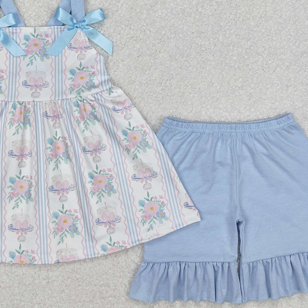 GSSO2087Light Blue Straps Floral Cake Bow Girls Birthday Clothes Cute Feminine Design for Children's Party Outfit