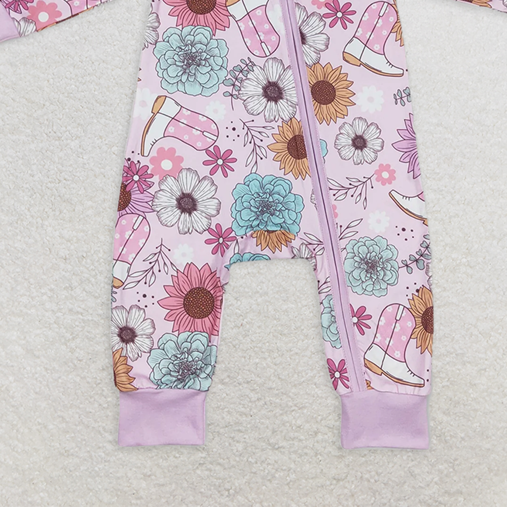 5.17   LR0801 RTS NO MOQ Baby Girls Winter Rompers Pink flower boots western baby girls zipper romper