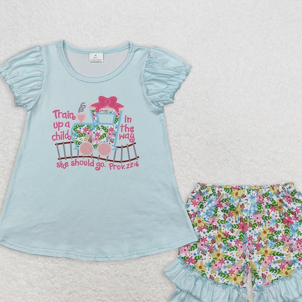 GSSO1643 RTS NO MOQ Baby Girls Summer Outfits  Short sleeves floral train top ruffle shorts girls clothes