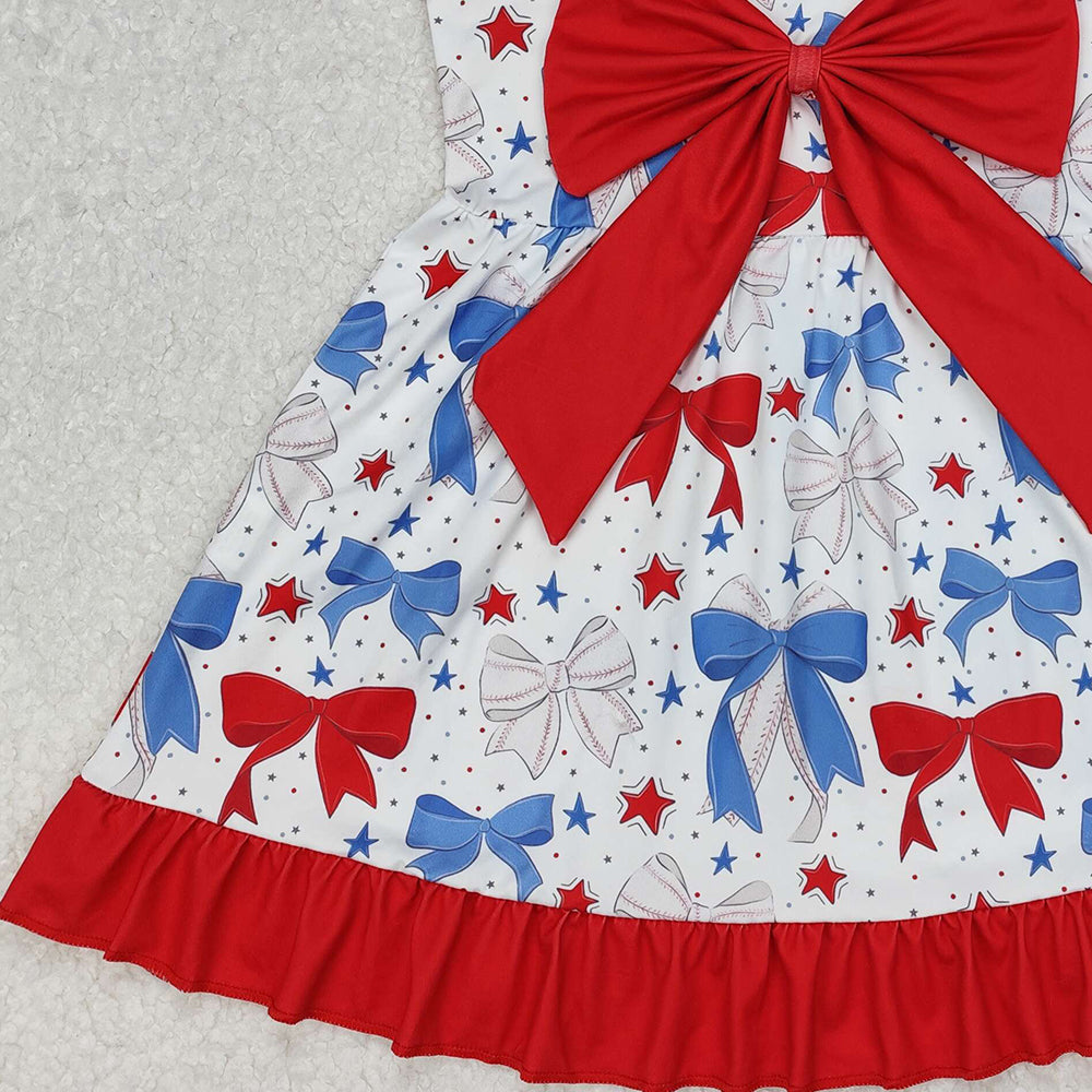 GSD1866Baby Girls Straps Dresses Red Blue Baseball Bow Cute Fashionable Kids Clothing