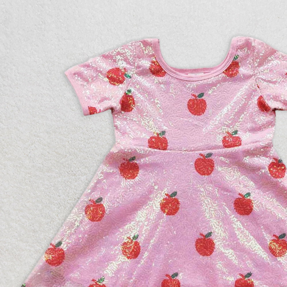 GSD0437 RTS NO MOQ Children Clothes Girls  Kids Dress Red Apple Sequin Pink Short Sleeve Dress