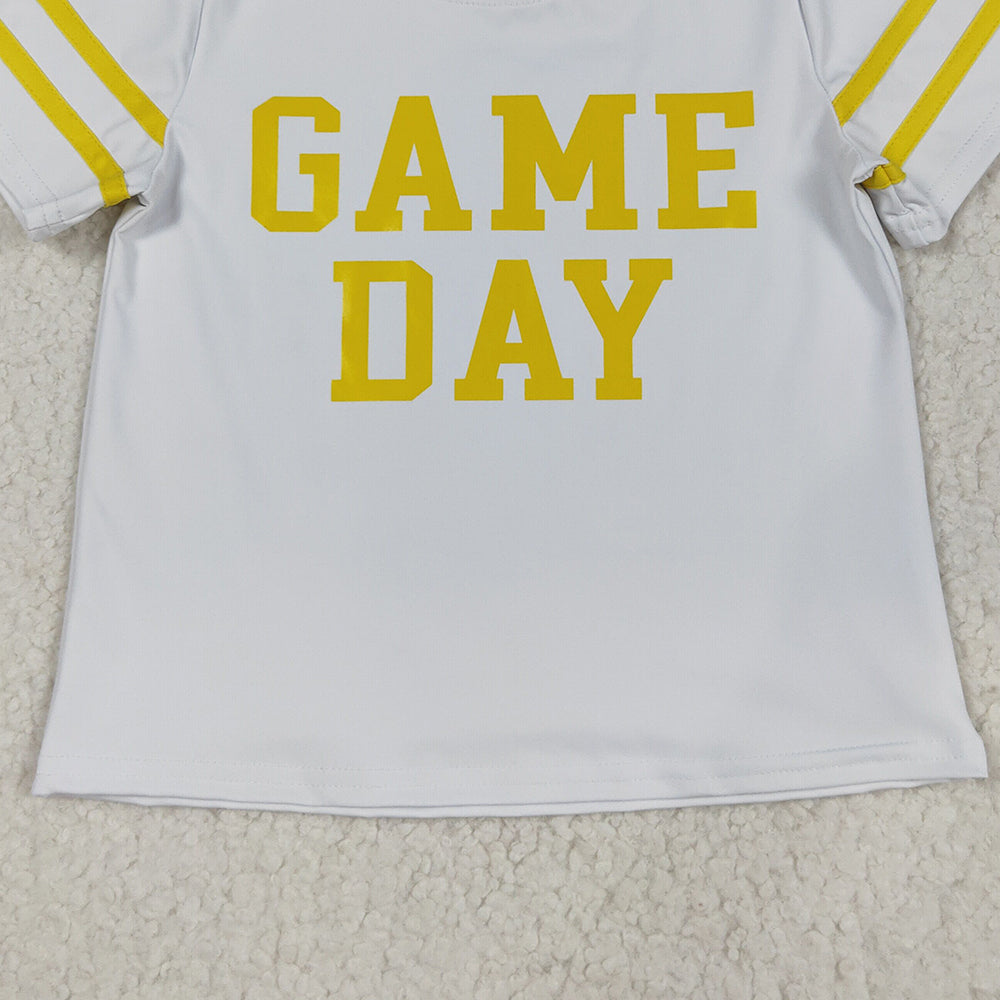 RTS NO MOQ （In stock）GT1115 Baby Girls Summer Tops Baby Girls Offst Print Yellow Game Day Yoga Active Tee Shirts