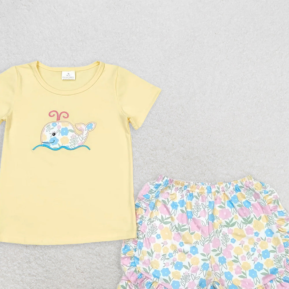 GSSO0765RTS NO MOQ Baby Girls Summer Outfits  Embroidered flower whale yellow short-sleeved shorts set
