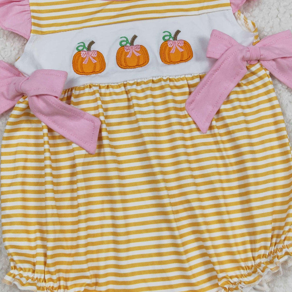 RTS NO MOQ （In stock）SR3125  Baby Girls Summer Rompers Embroidery Baby Girls Flutter Sleeves Yellow Stripe Pumpkins Ruffle Rompers