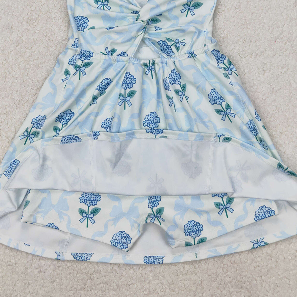GSD1944 RTS NO MOQ Baby Girls Summer Yoga Dress Sleeveless light blue bow floral baby girls athletic dresses