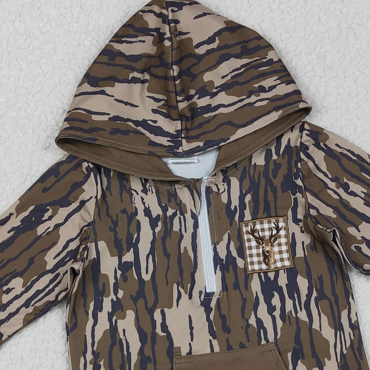 11.11 RTS NO MOQ （In stock）GT1135 Embroidery Deer Baby Girls Olive Camo Pocket Zipper Hunting Hoodies Top
