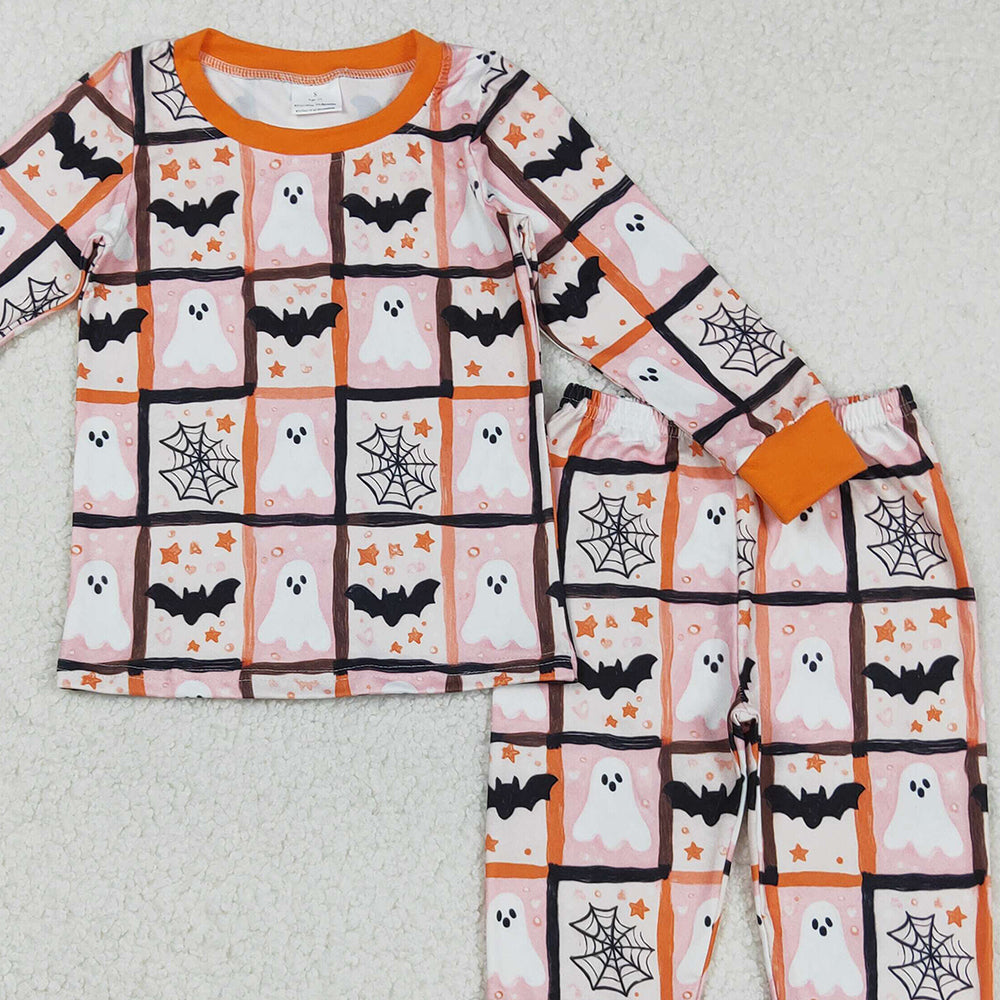 RTS NO MOQ （In stock）GLP2682 Baby Girls Winter Outfits Ghosts Bats Plaid Top Pants Halloween Pajamas Set