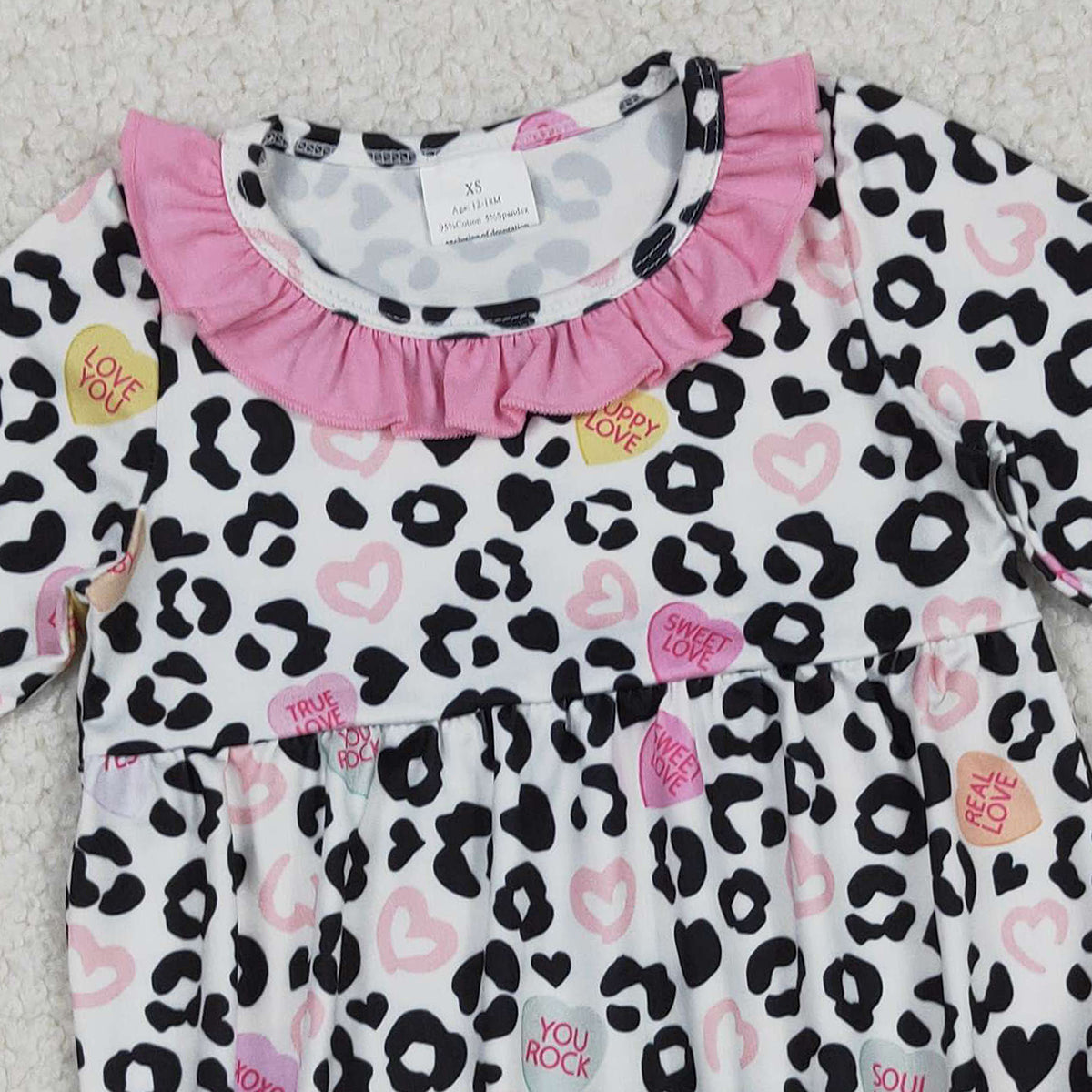 12.22 RTS NO MOQ （In stock）LR2638 Baby Girls Winter Rompers Baby Girls Leopard Hearts Valentines Ruffle Collar Rompers