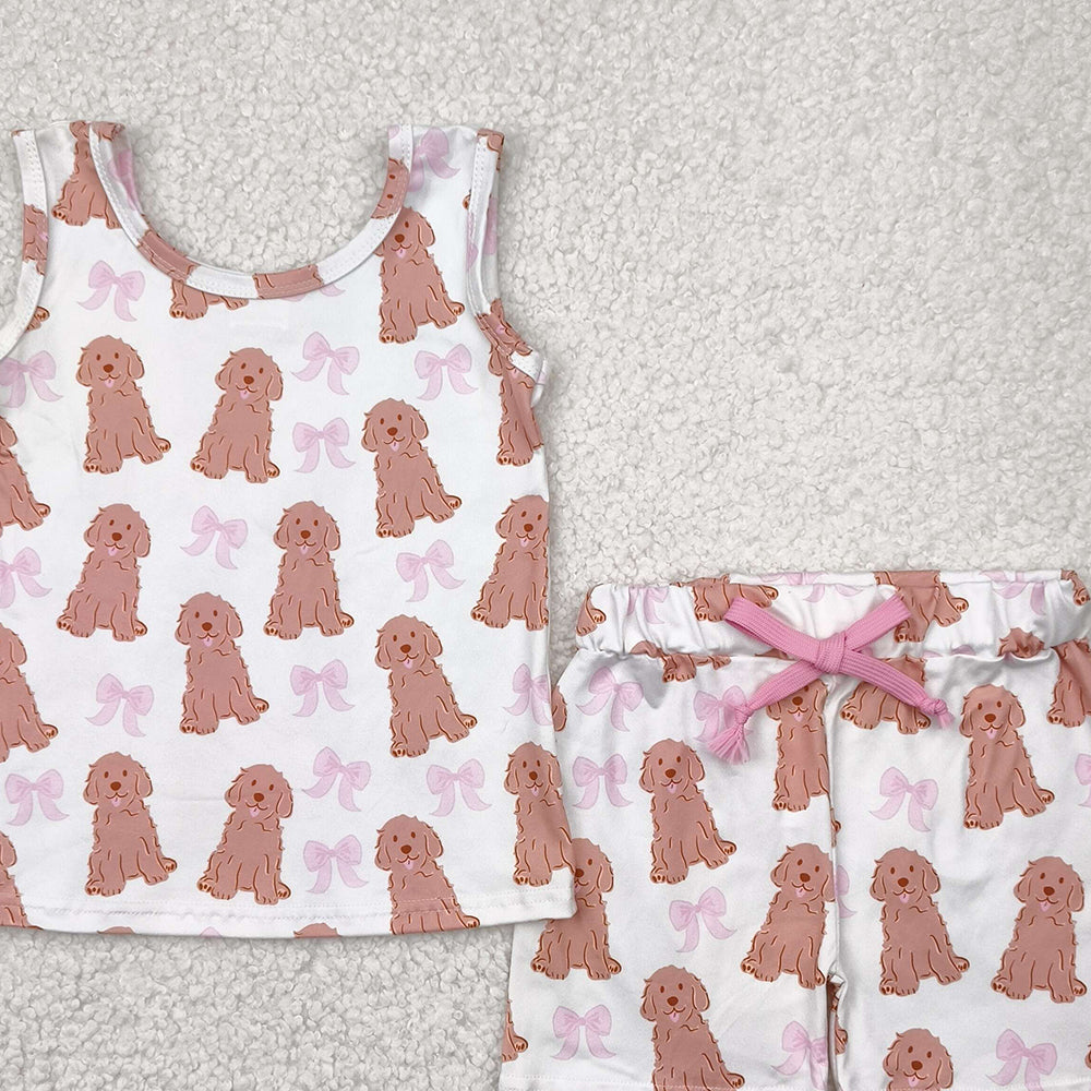 7.19  GSSO2475RTS NO MOQ Baby Girls Outfits baby girl clothes yoga puppy bow sleeveless shorts set