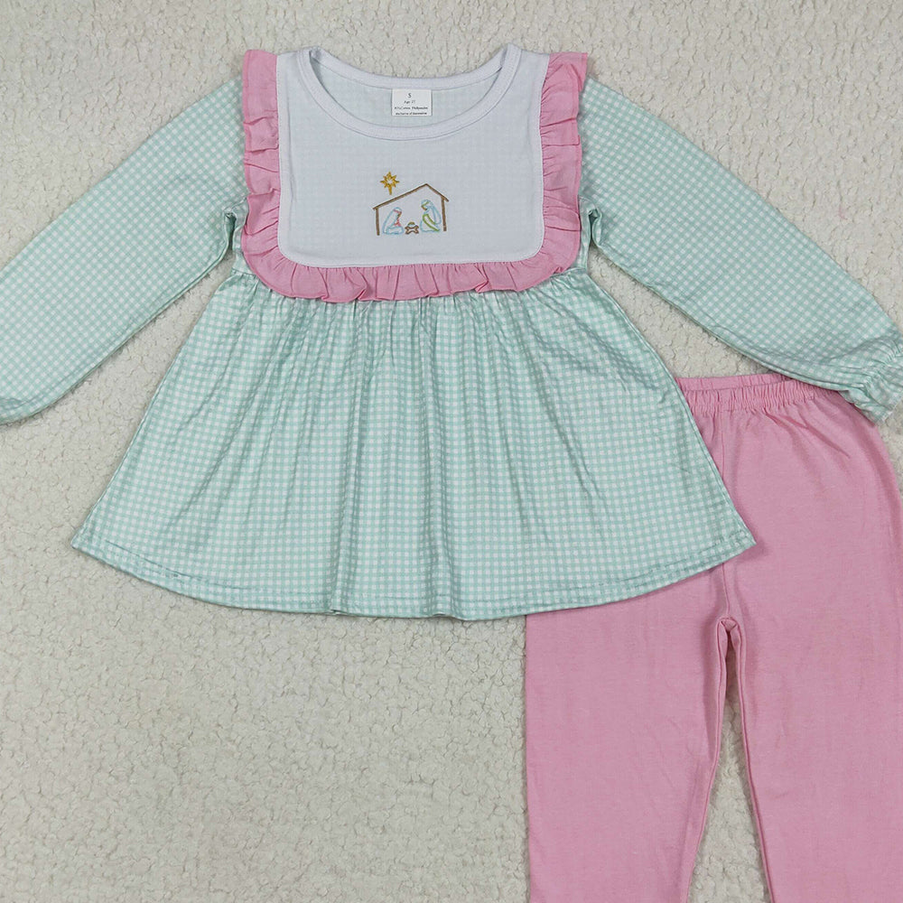 RTS NO MOQ （In stock） GLP2410 Baby Girls Winter Outfits Baby Girls Blue Christmas Nativity Jesus Tunic Pink Legging Pants Sets