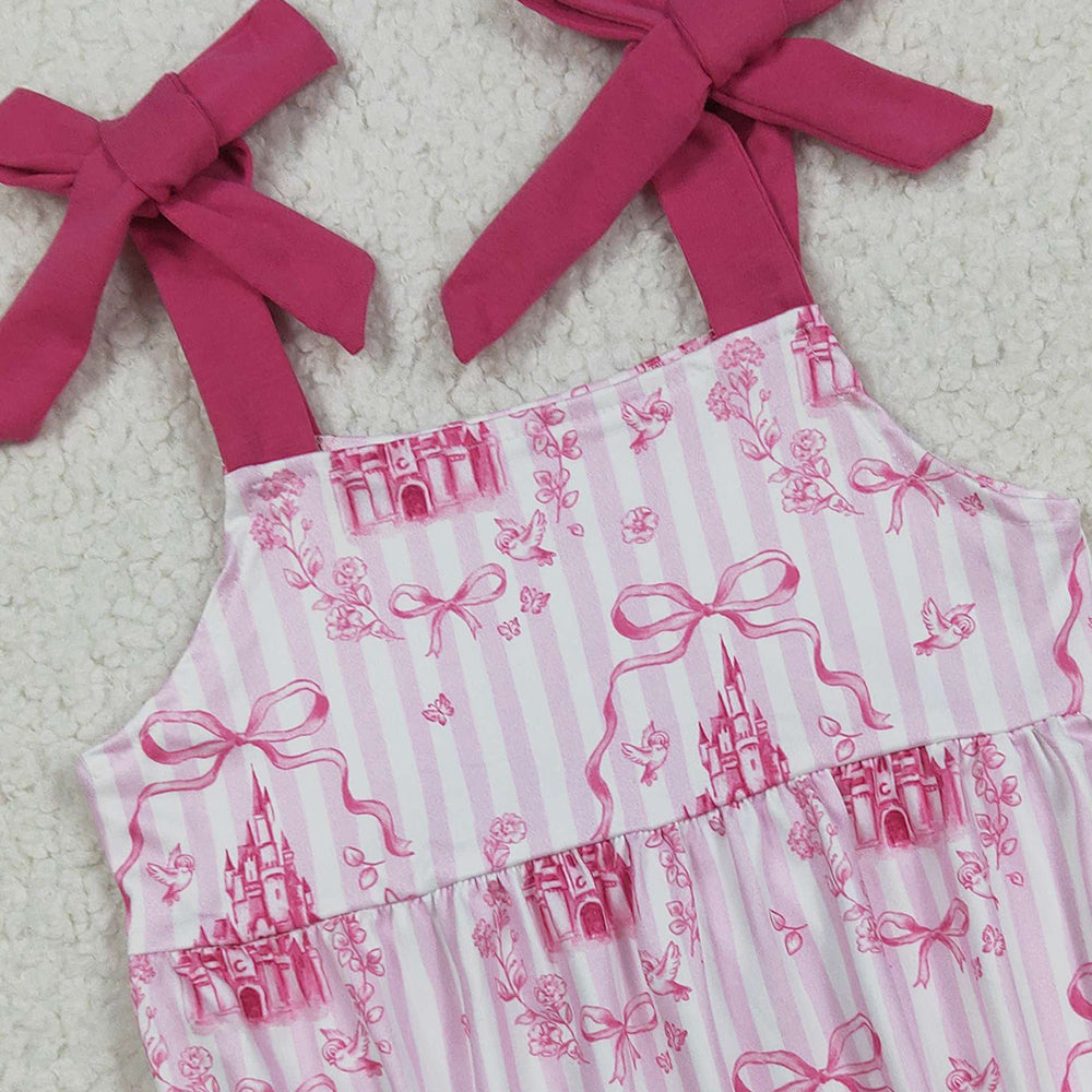 RTS NO MOQ （In stock）SR3077  Baby Girls Summer Rompers Baby Girls Pink Bows Strap Castles Ruffle Rompers