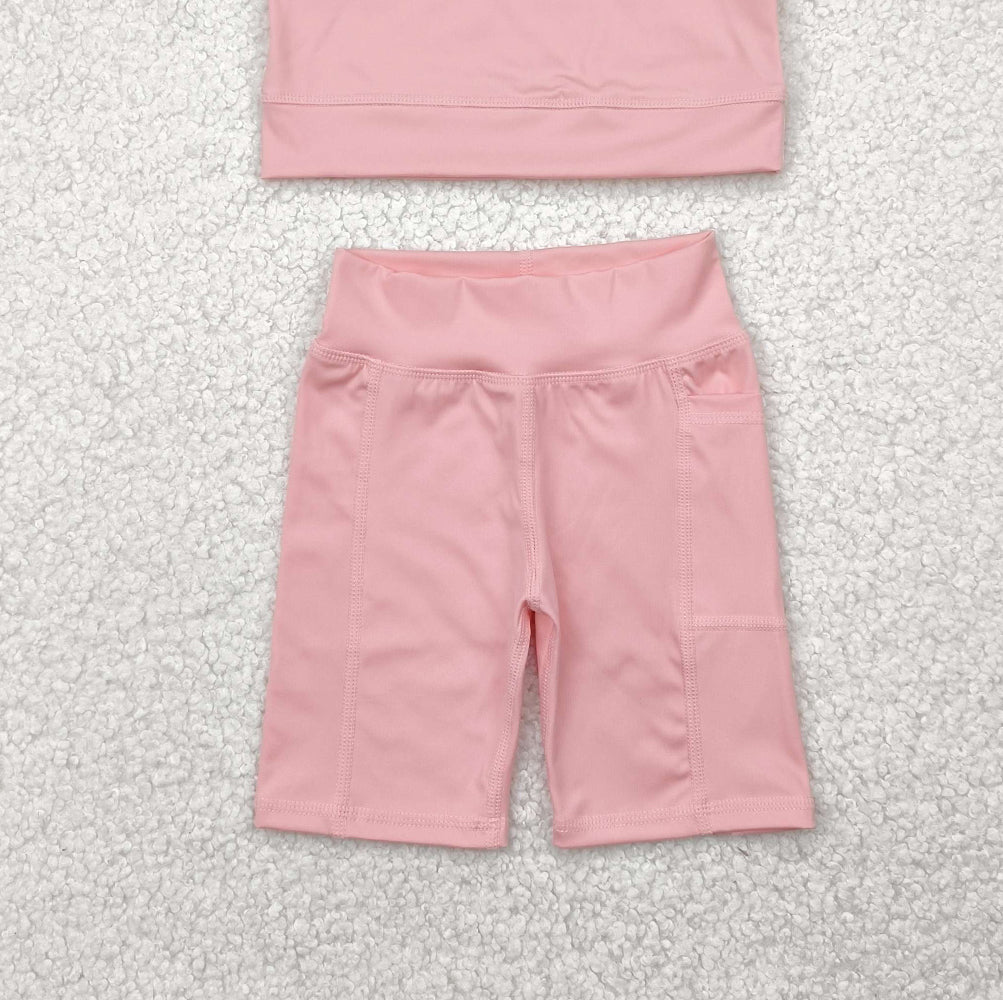 7.03 GSSO1518 RTS NO MOQ Baby Girls Yoga Outfits Baby Girls Pink Vest Top Sports Shorts Clothes Sets
