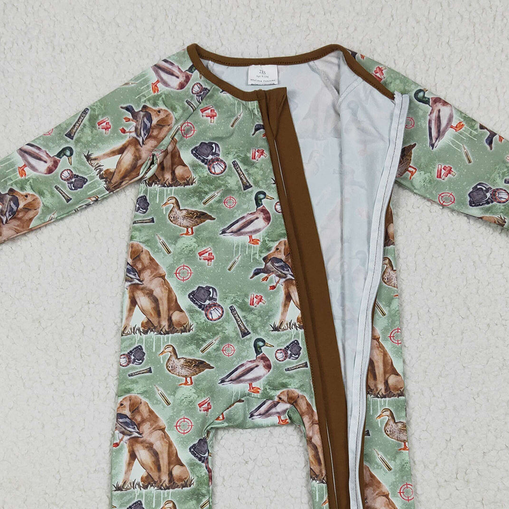 RTS NO MOQ （In stock）LR2234 Baby Boys Winter Rompers Baby Boys Green Dog Ducks Hunting Zipper Footie Rompers