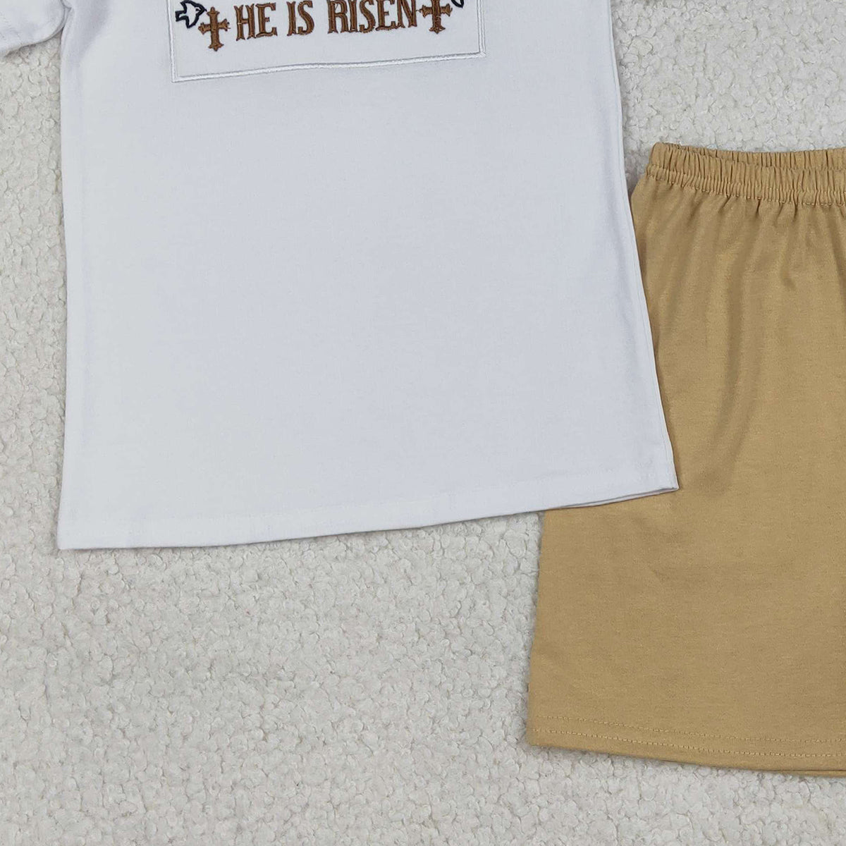 12.24 RTS NO MOQ （In stock）BSSO1674 Embroidery Crosses He is Risen Baby Boys Top Shorts Easter Clothes Sets