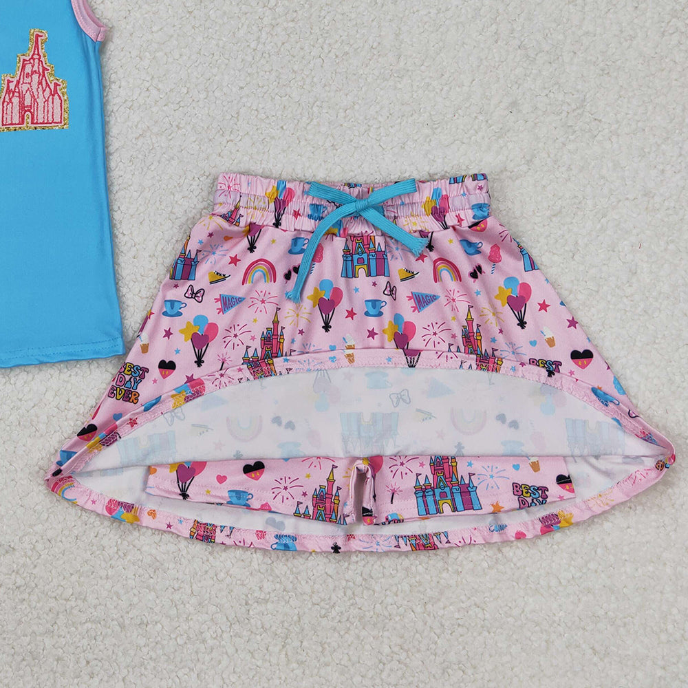 4.30 GSD2072  RTS NO MOQ Blue sleeveless castle top skirt toddler girls clothes