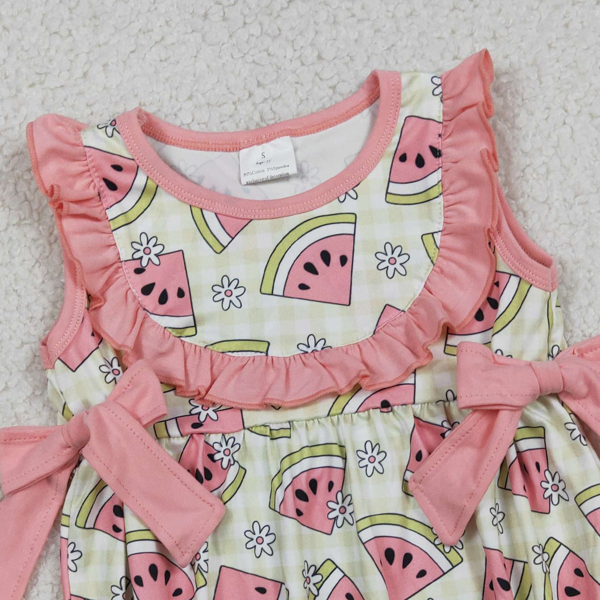 3.3 RTS NO MOQ （In stock）SR3920 Children's Fashion Romper Baby Girls Sleeveless Green Checked Watermelons Ruffle Rompers