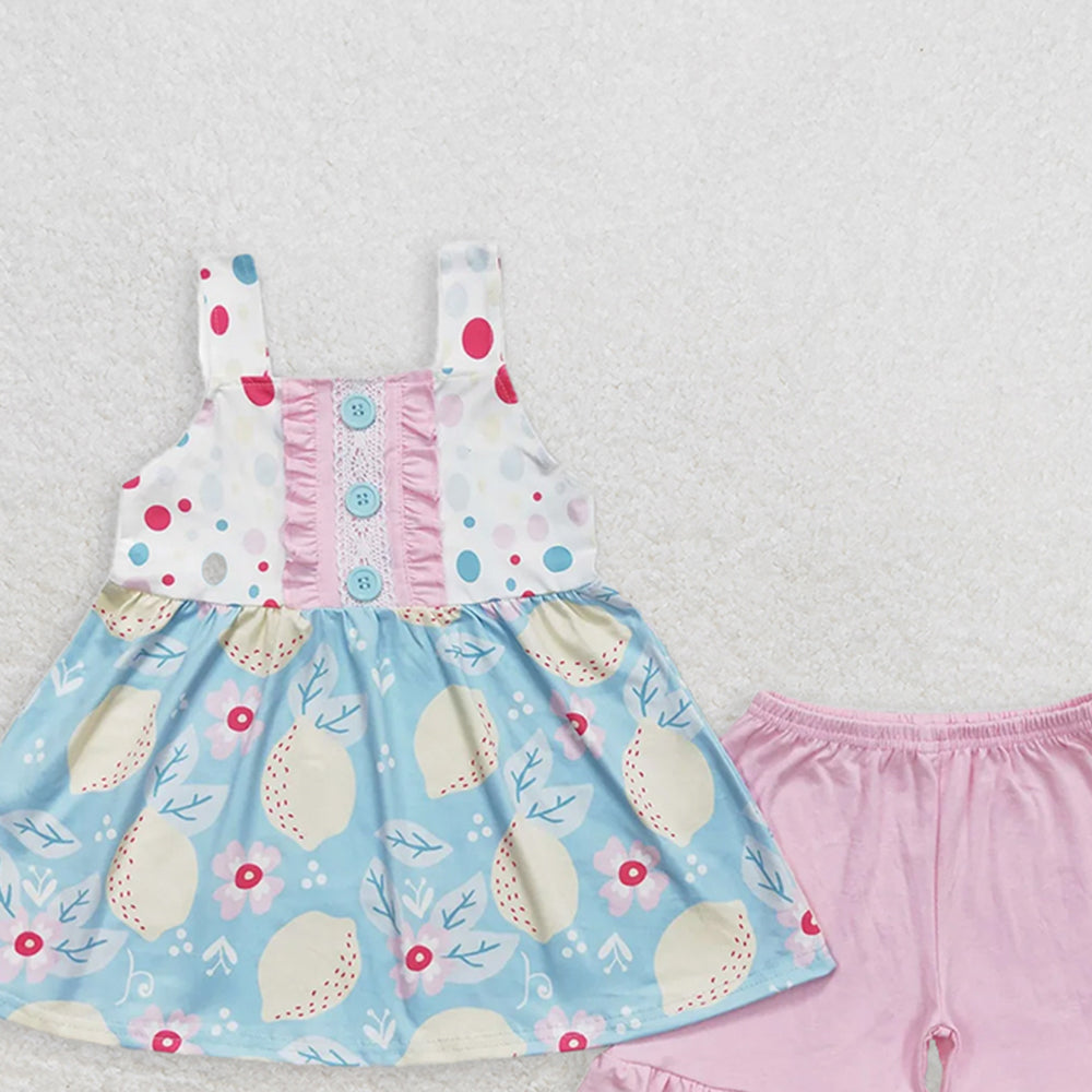 GSSO1133 RTS NO MOQ  Baby Girls Summer OutfitsLemon flower sleeveless pink shorts set
