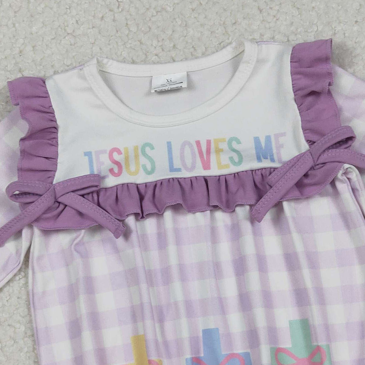 10.17 RTS NO MOQ （In stock）LR2740 Baby Girls Winter Rompers Baby Girls Lavender Checked Jesus Love Me Cross Ruffle Rompers