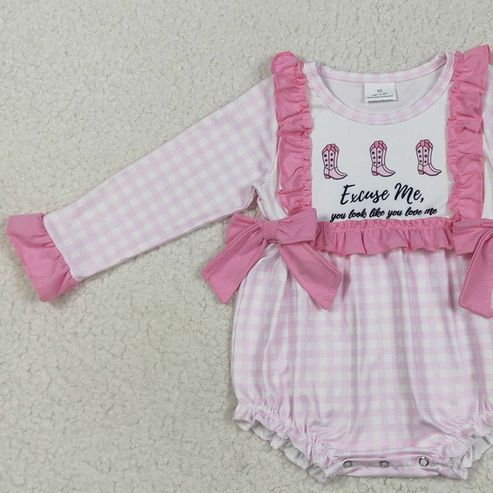 LR2190RTS NO MOQ Baby Girls Winter Rompers Baby Infant Girls Pink Plaid Boots Bows Rompers