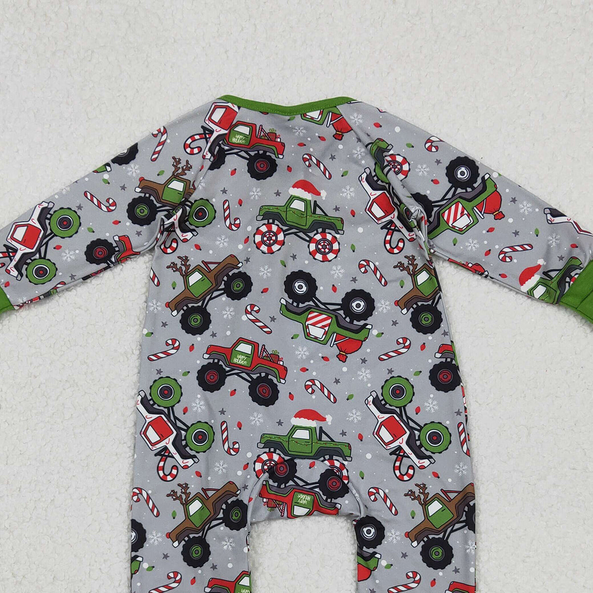 11.3 RTS NO MOQ （In stock）LR2669 Baby Boys Winter Rompers Baby Boys Trucks Candy Cane Christmas Two Way Zip Convertible
