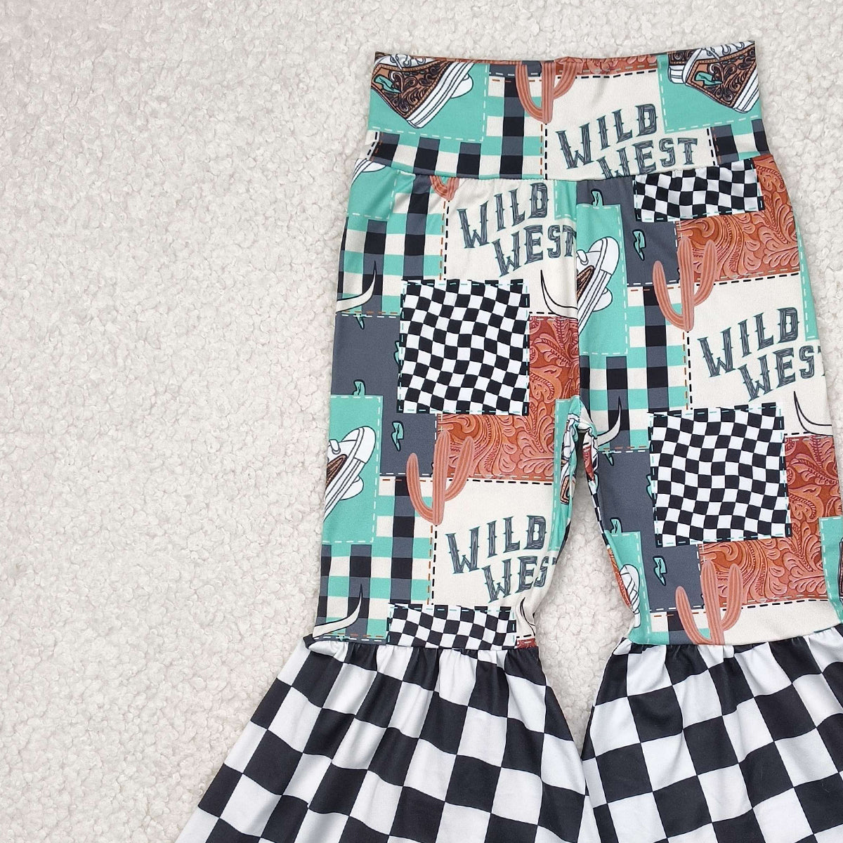 P0751 RTS NO MOQ Baby Girls Pants Wild West Bull Skull Plaid Western Girls Bell Bottom Pants Unique Cowgirl Style Clothing