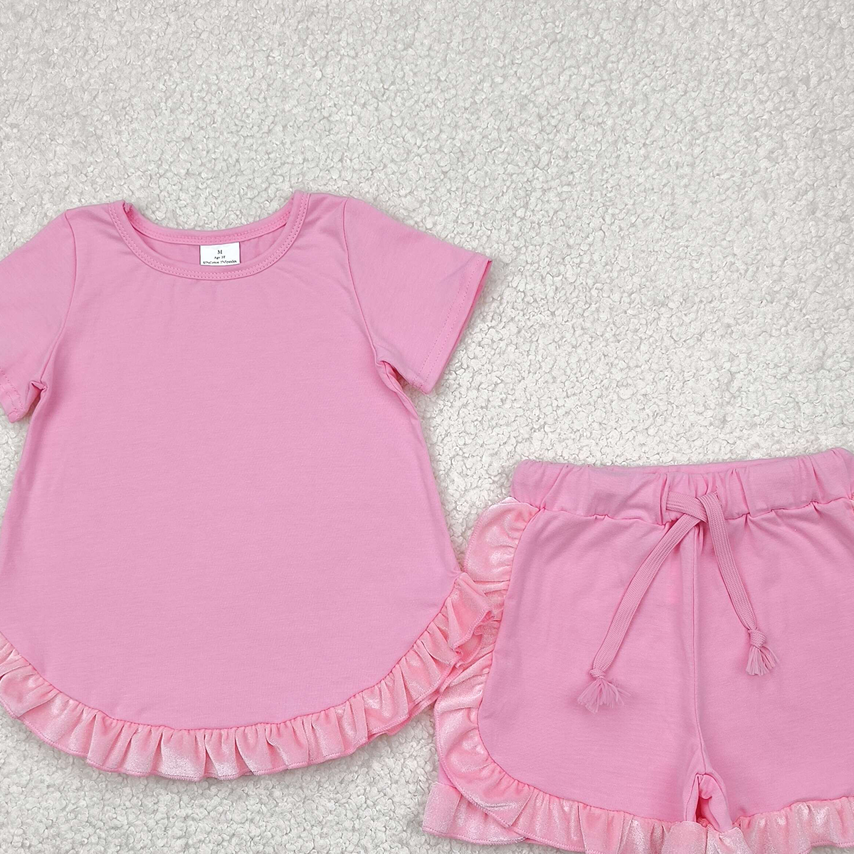 8.20 GSSO2181 RTS NO MOQ Baby Girls Summer Outfits Pure pink lace short-sleeved shorts set