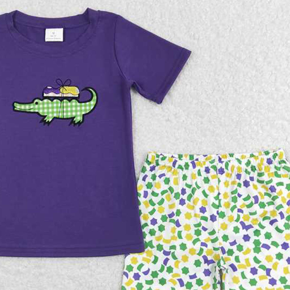 BSSO0410Boys Crocodile Embroidery Top Shorts Outfit Mardi Gras Theme Children's Clothing Set