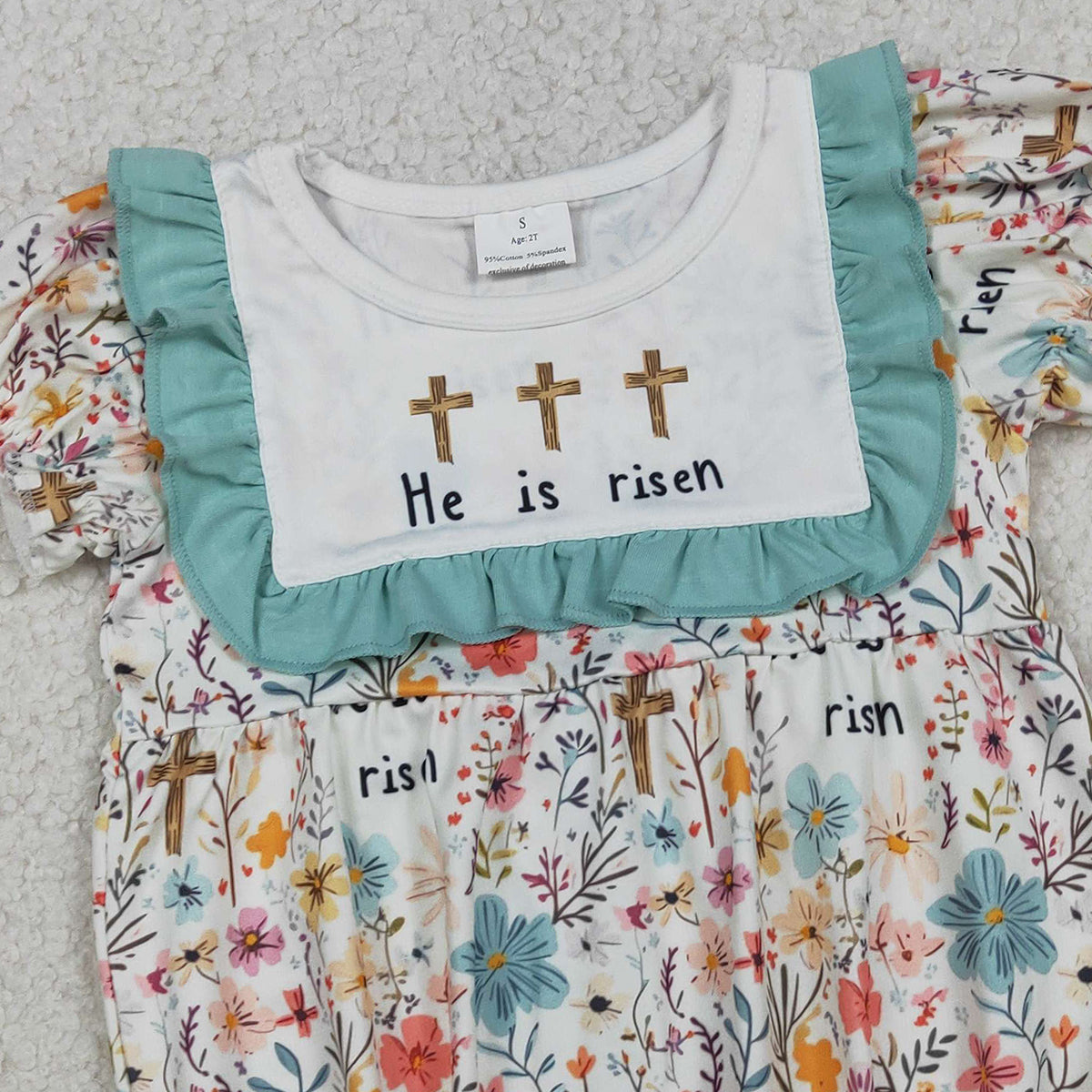 1.21 RTS NO MOQ （In stock）SR3861 Baby Girls Crosses He is Risen Flowers Easter Ruffle Rompers