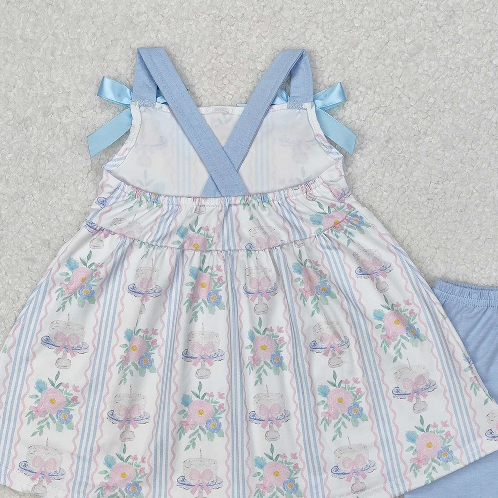 GSSO2087Light Blue Straps Floral Cake Bow Girls Birthday Clothes Cute Feminine Design for Children's Party Outfit