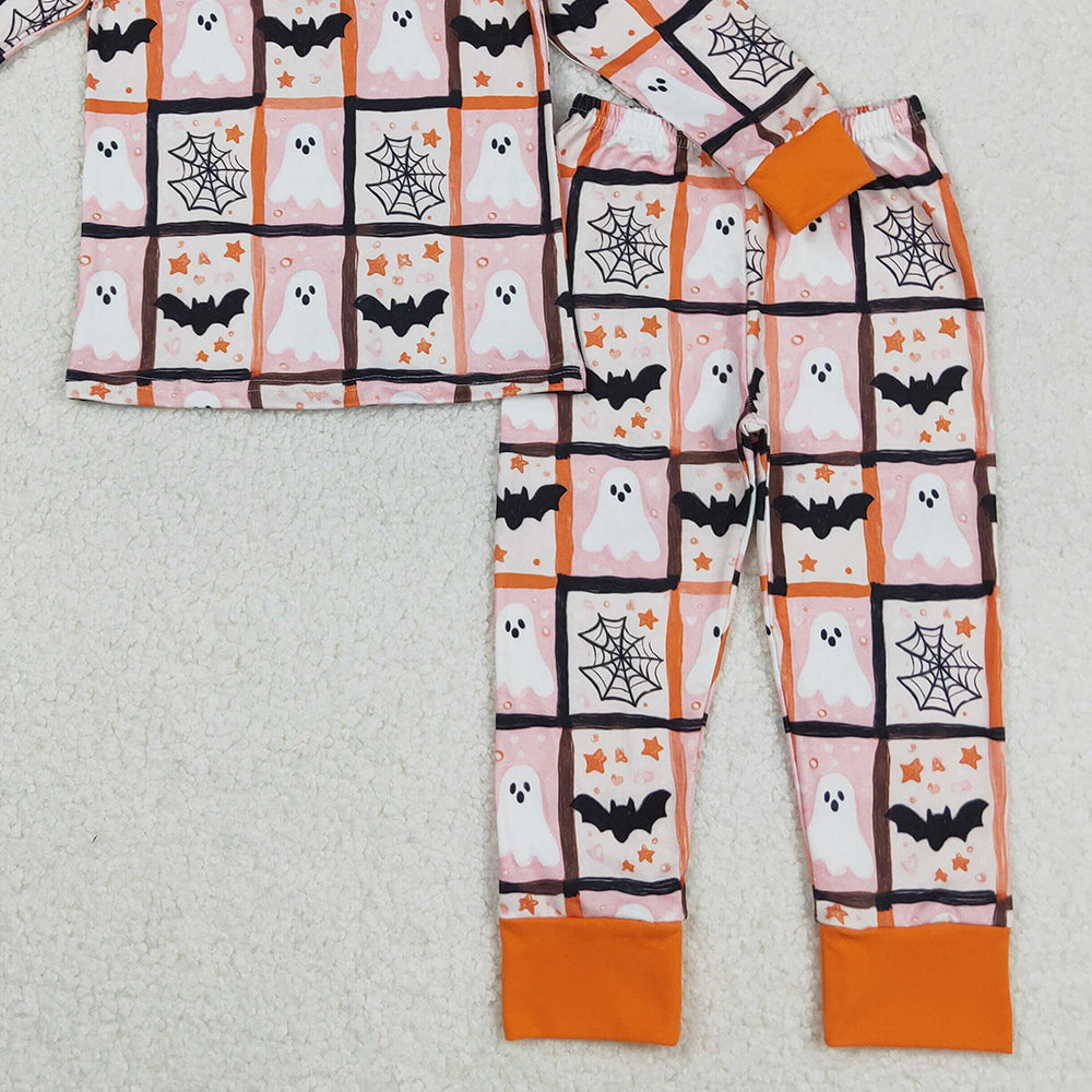RTS NO MOQ （In stock）GLP2682 Baby Girls Winter Outfits Ghosts Bats Plaid Top Pants Halloween Pajamas Set