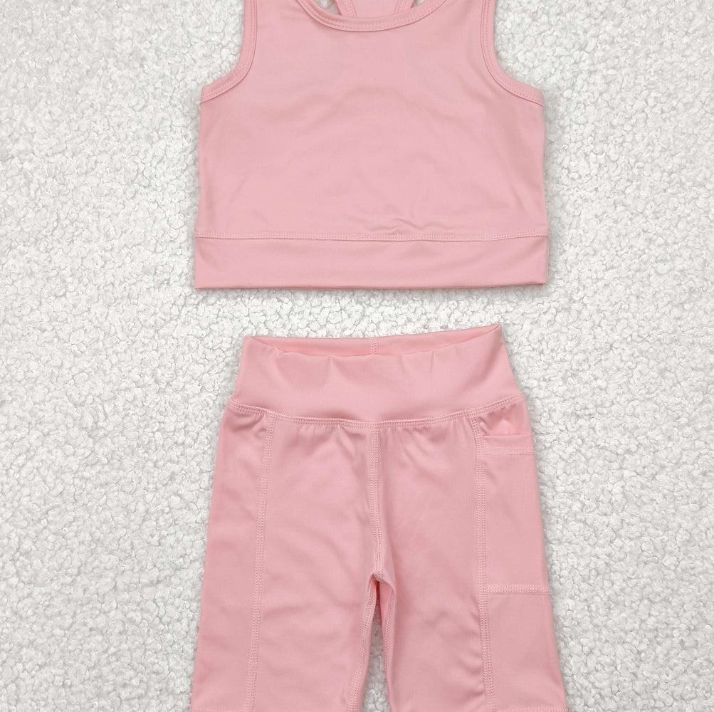 7.03 GSSO1518 RTS NO MOQ Baby Girls Yoga Outfits Baby Girls Pink Vest Top Sports Shorts Clothes Sets