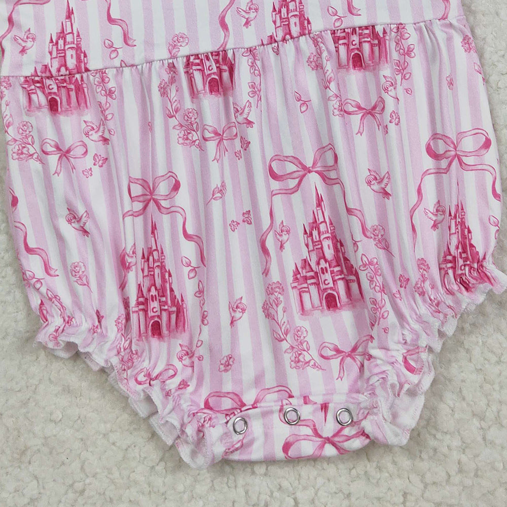 RTS NO MOQ （In stock）SR3077  Baby Girls Summer Rompers Baby Girls Pink Bows Strap Castles Ruffle Rompers