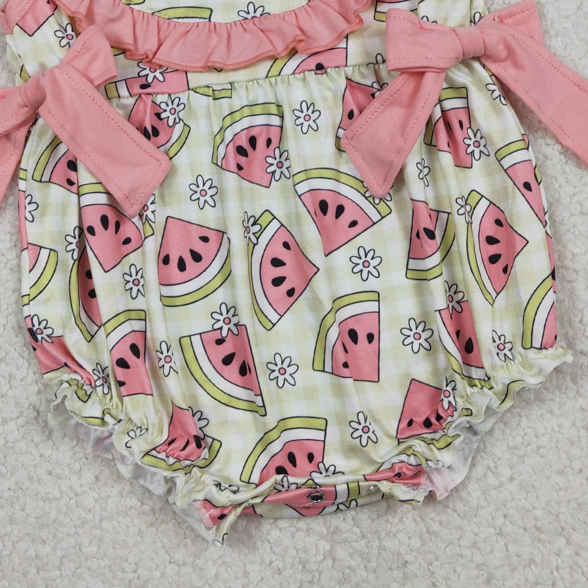 3.3 RTS NO MOQ （In stock）SR3920 Children's Fashion Romper Baby Girls Sleeveless Green Checked Watermelons Ruffle Rompers