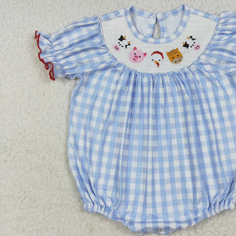 SR2981 RTS NO MOQ Baby Girls Summer Rompers Short sleeves blue plaid cow pig chicken baby girls romper