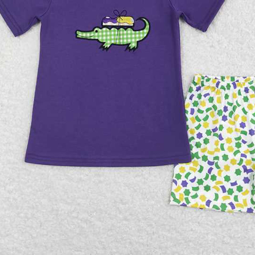 BSSO0410Boys Crocodile Embroidery Top Shorts Outfit Mardi Gras Theme Children's Clothing Set