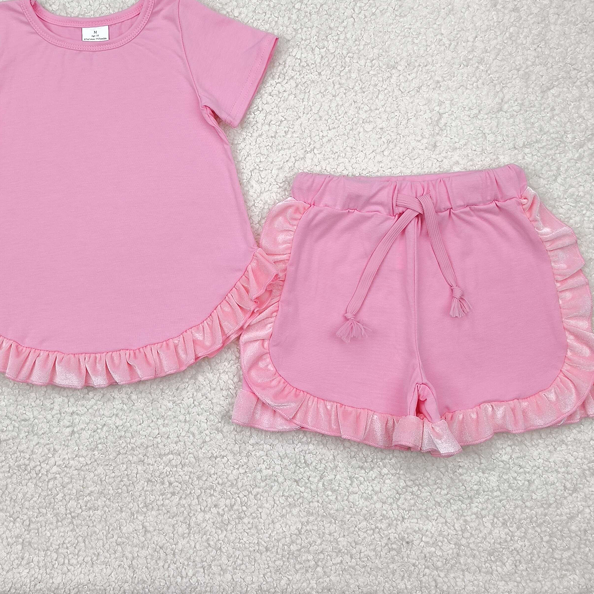 8.20 GSSO2181 RTS NO MOQ Baby Girls Summer Outfits Pure pink lace short-sleeved shorts set