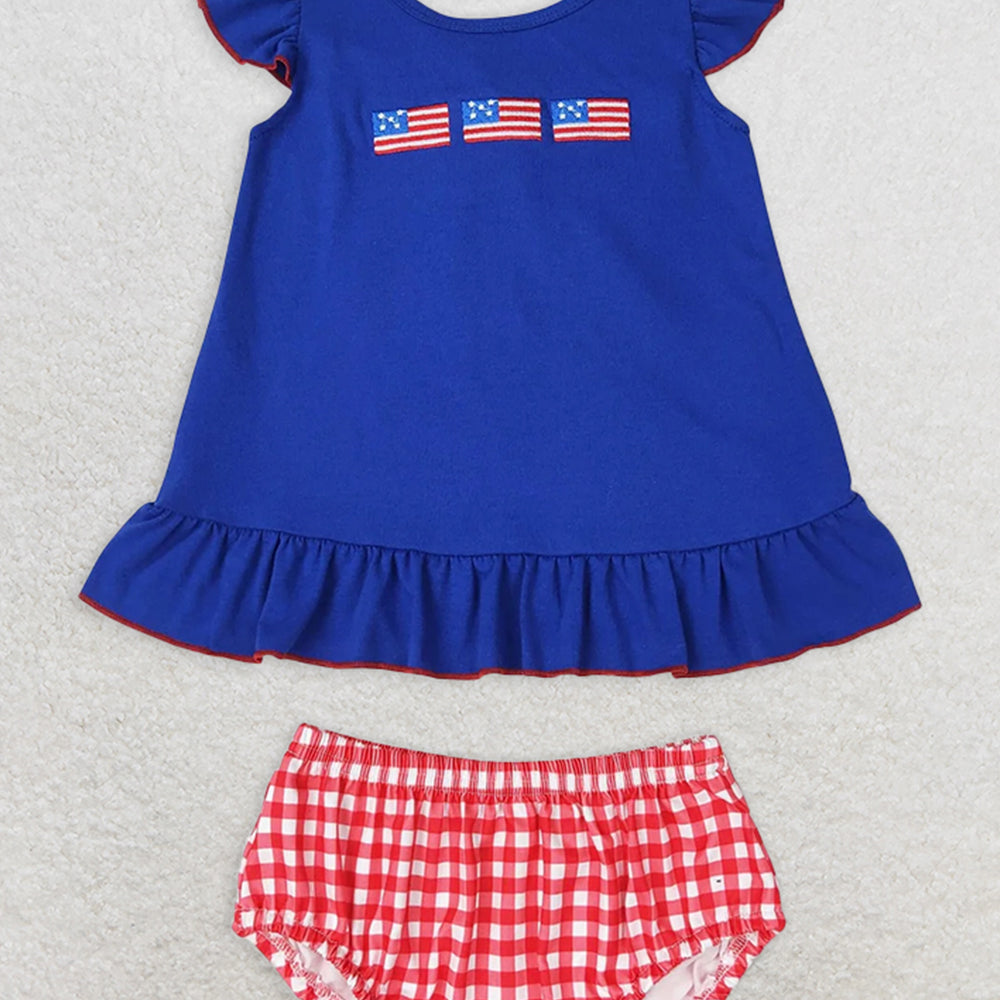 GBO0311 RTS NO MOQBaby Girls Summer Outfits Embroidery Baby Girls Boys 4th Of July Flags Sibling Clothing Sets