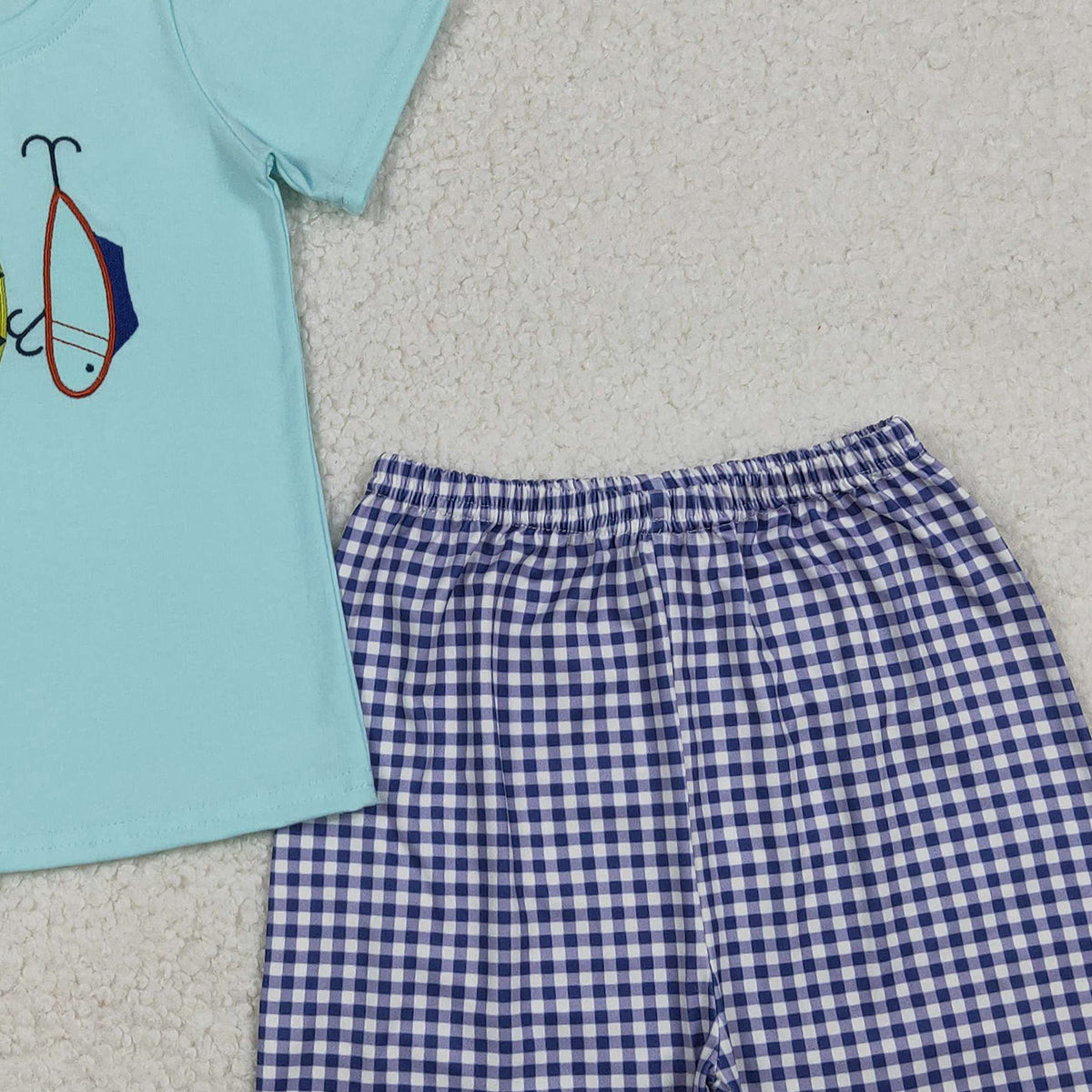 12.4 RTS NO MOQ （In stock）BSSO1628 Embroidery Fishing Baby Boys Top Checked Shorts Hunting Clothes Sets