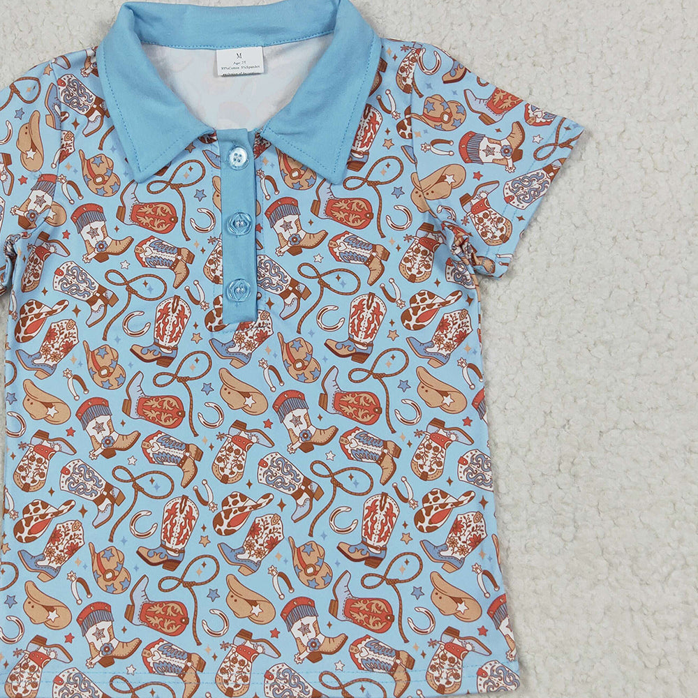 8.18   BT1256 RTS NO MOQ Baby Boys Summer Tops  Baby Boys Blue Short Sleeves Hats Boots Button Pullovers Shirts Top