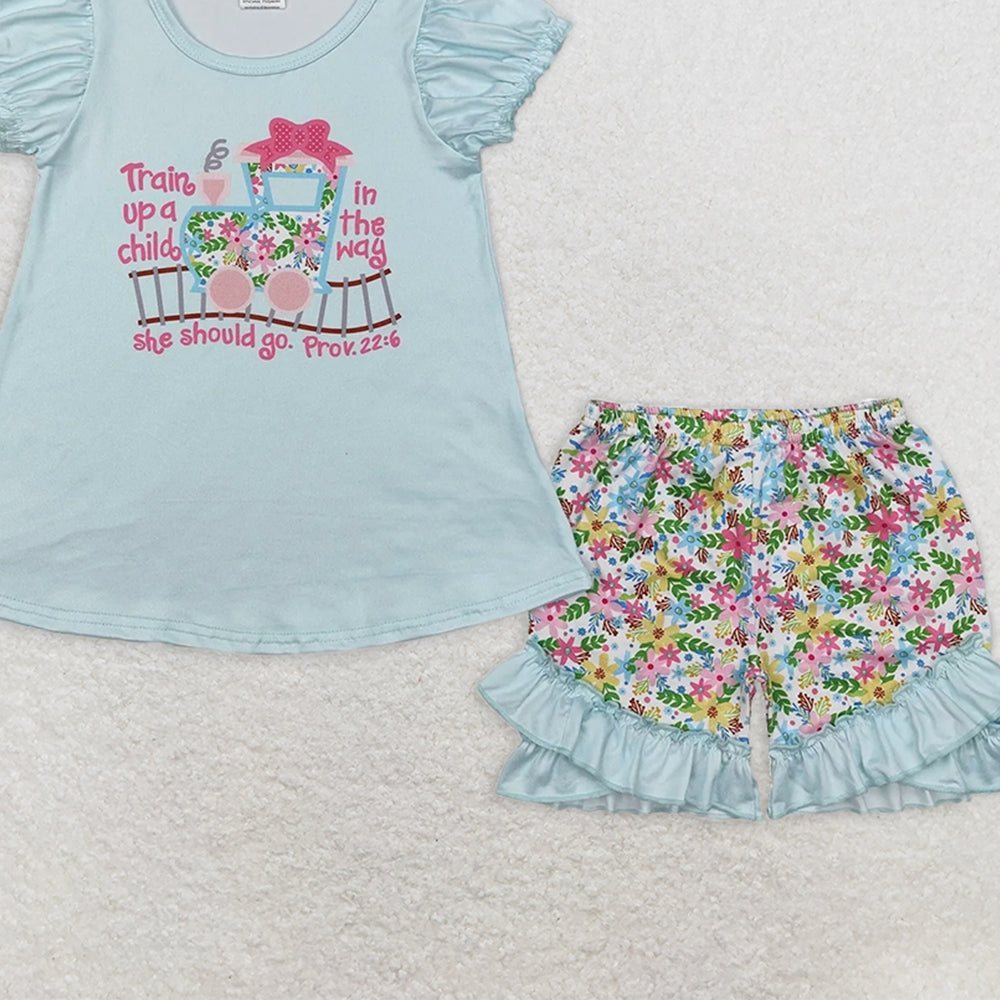 GSSO1643 RTS NO MOQ Baby Girls Summer Outfits  Short sleeves floral train top ruffle shorts girls clothes