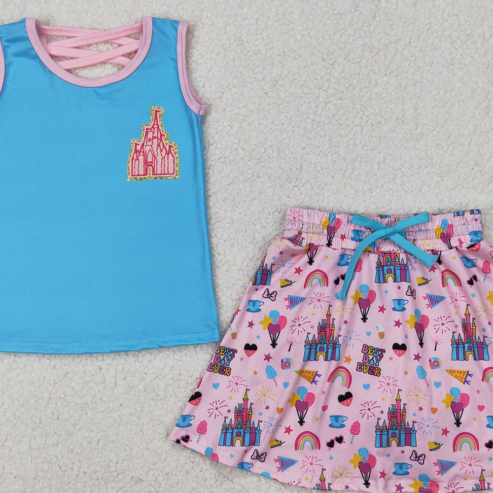 4.30 GSD2072  RTS NO MOQ Blue sleeveless castle top skirt toddler girls clothes
