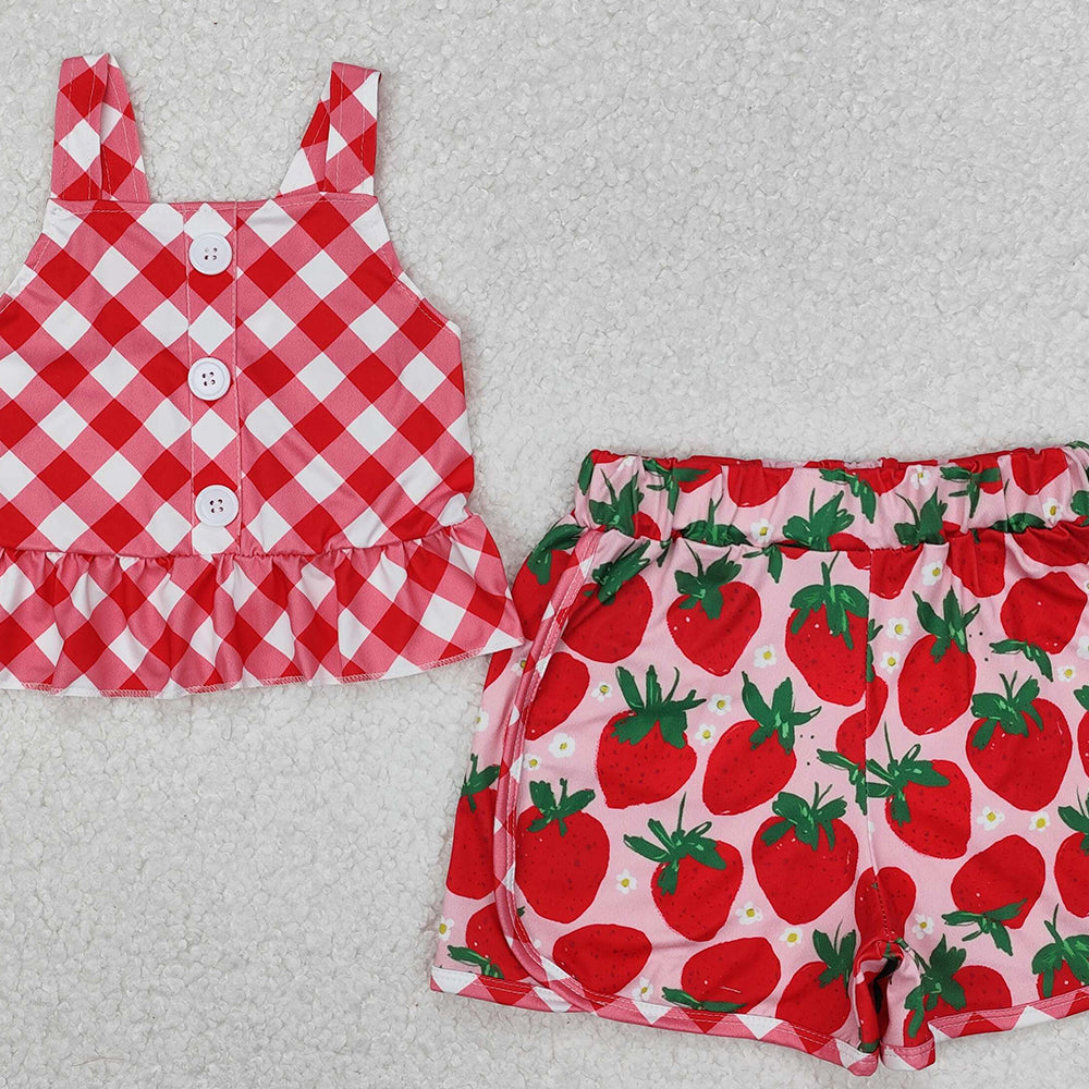 GSSO2037 New Rts No Moq 8-9 Days By Air Arrived it Red plaid peplum strawberry shorts kids girls summer outfits