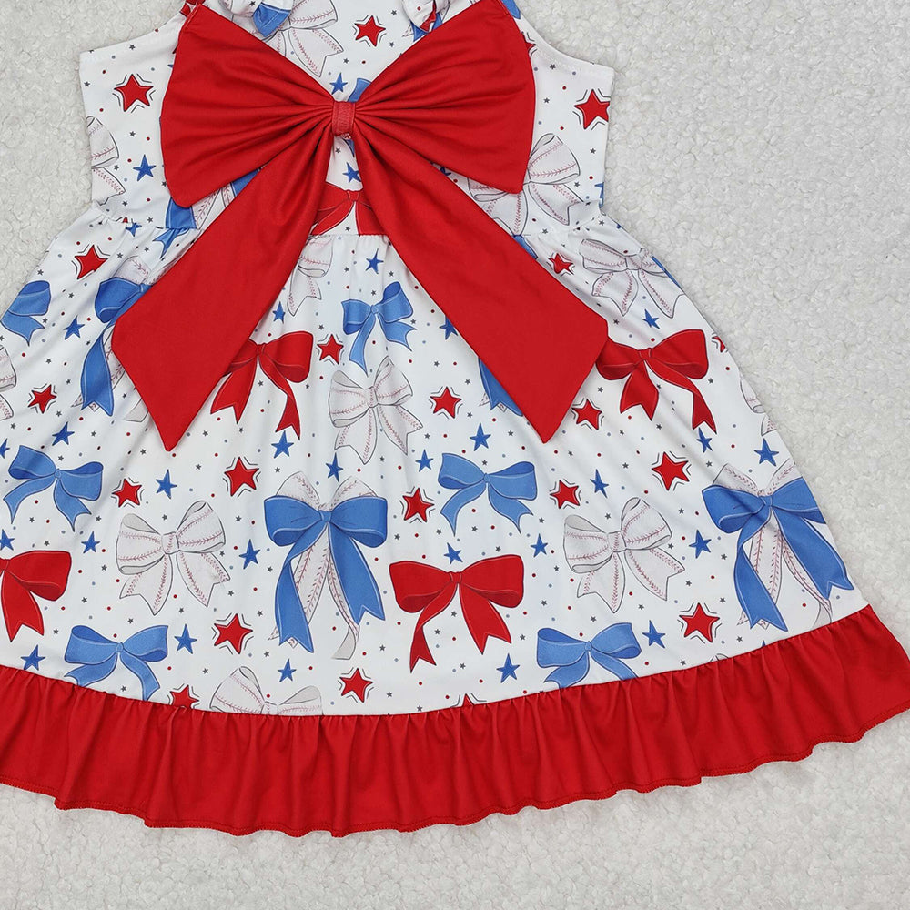 GSD1866Baby Girls Straps Dresses Red Blue Baseball Bow Cute Fashionable Kids Clothing