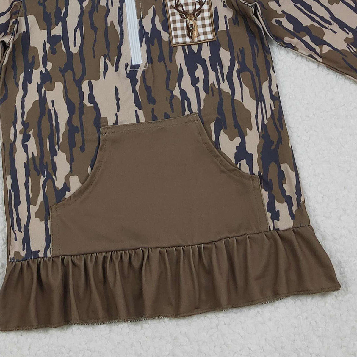 11.11 RTS NO MOQ （In stock）GT1135 Embroidery Deer Baby Girls Olive Camo Pocket Zipper Hunting Hoodies Top