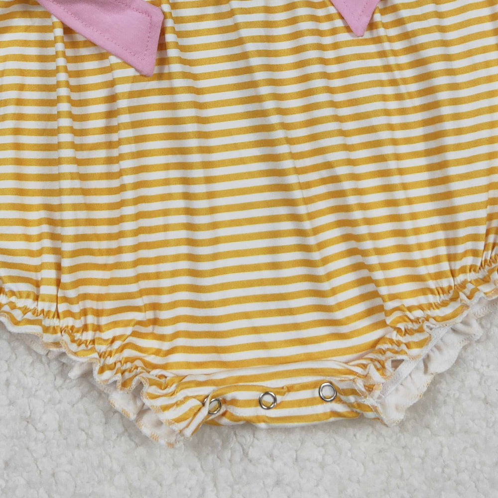 RTS NO MOQ （In stock）SR3125  Baby Girls Summer Rompers Embroidery Baby Girls Flutter Sleeves Yellow Stripe Pumpkins Ruffle Rompers