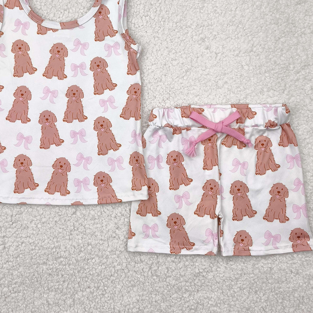 7.19  GSSO2475RTS NO MOQ Baby Girls Outfits baby girl clothes yoga puppy bow sleeveless shorts set