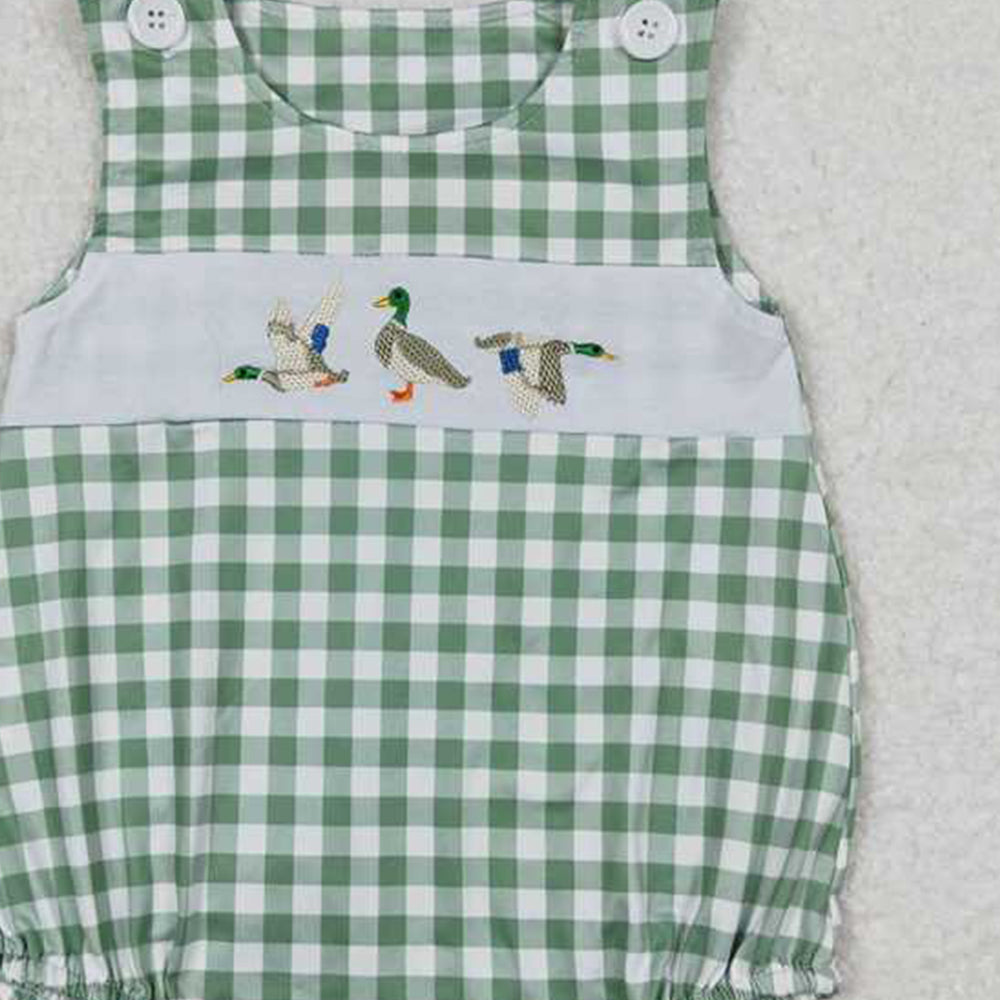 5.16  SR1066 RTS NO MOQ Green plaid sleeveless duck baby boys summer romper