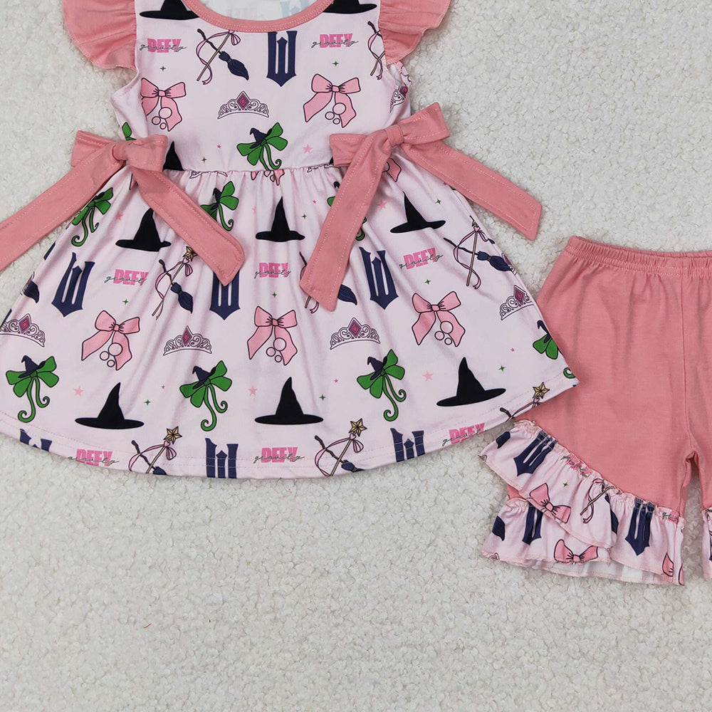 4.17 GSSO2006 RTS NO MOQ Cartoon witch hat crown pink lace bow pattern flying sleeve shorts suit